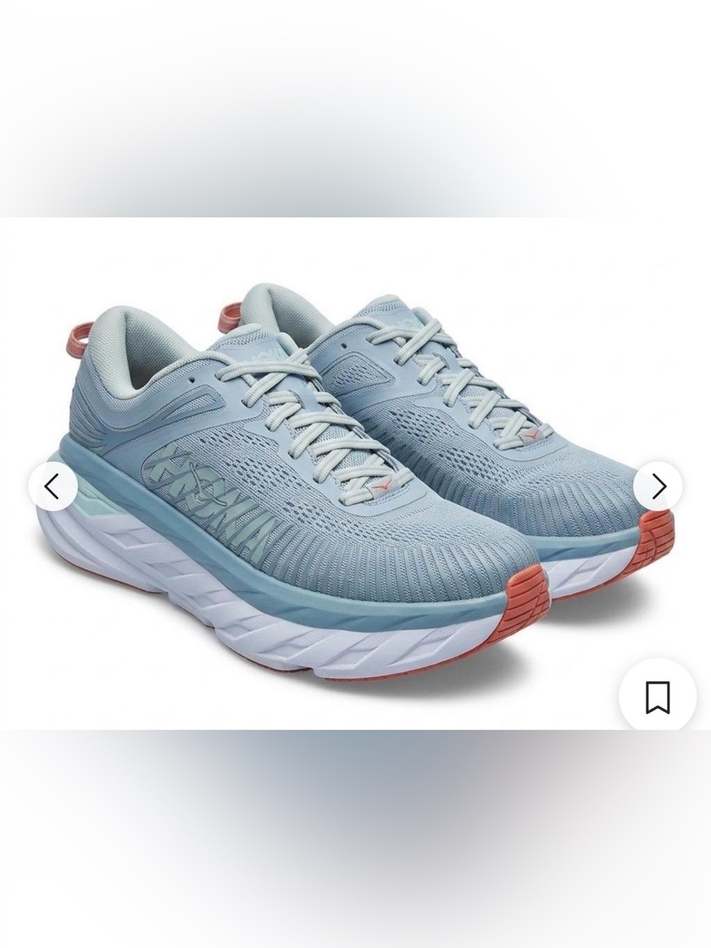 Hoka Bondi 7 Women's Light Blue Athletic Running Shoes with Coral Accents. Sz9.5